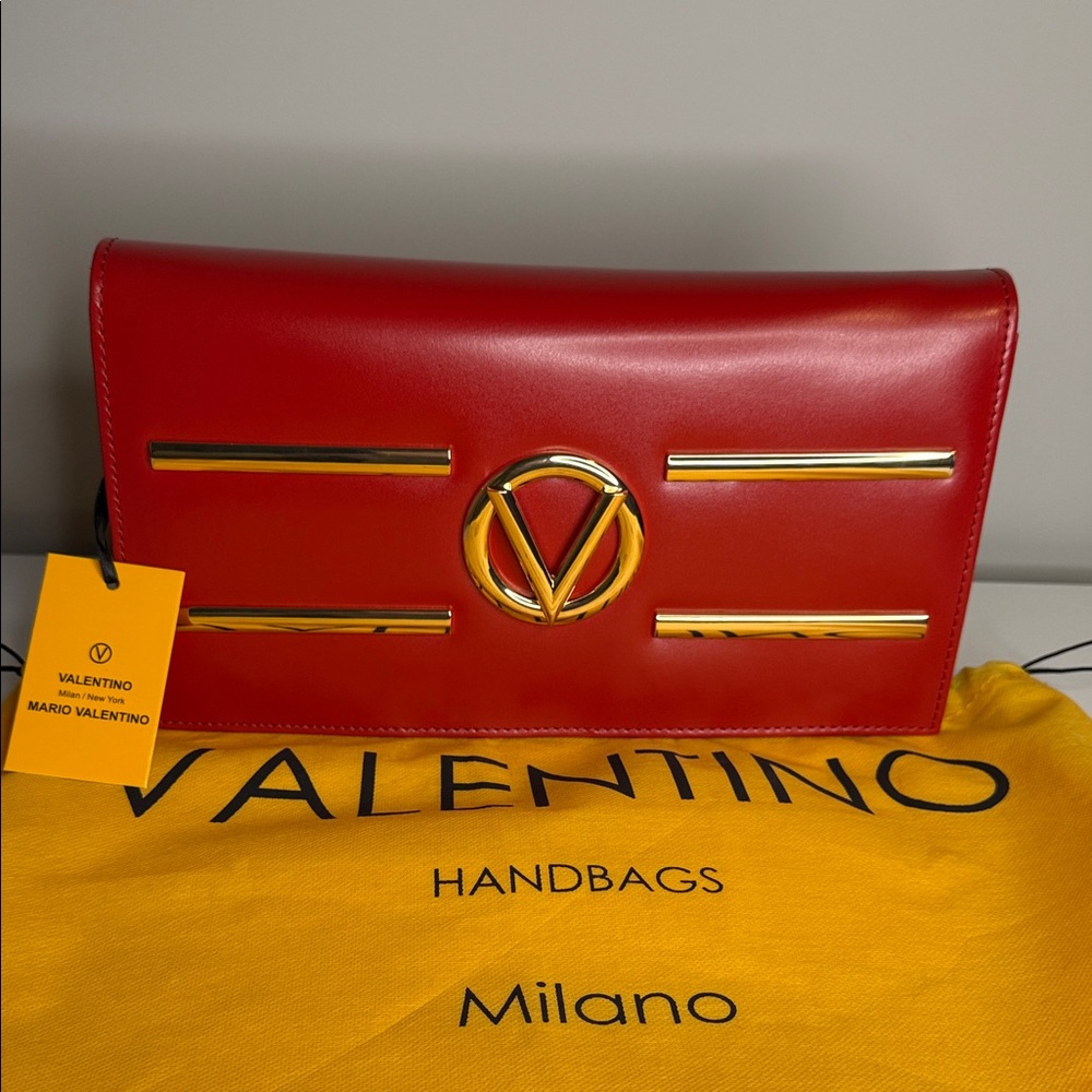 Mario Valentino Red Leather Shoulder Bag with Gold V Emblem NWT
